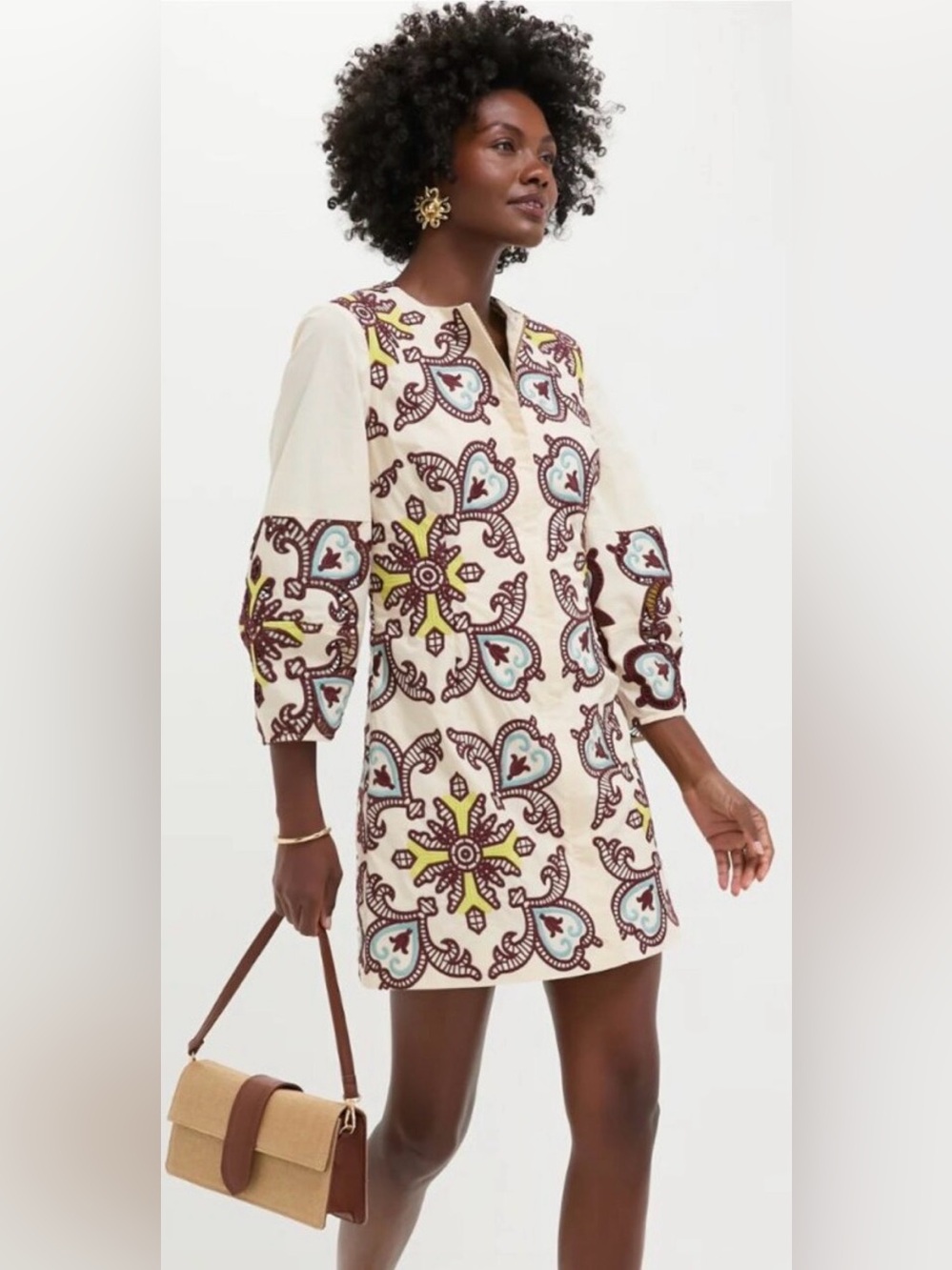 Tuckernuck Rhoda Cream dress with Burgundy Embroidered Motifs and Gold Zipper